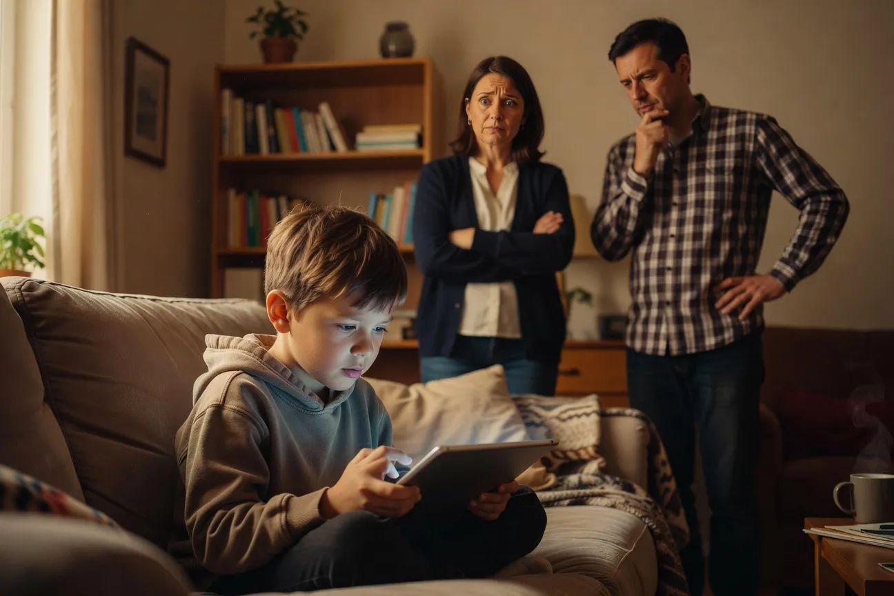 Enfant de 6-8 ans concentré sur une tablette, parents inquiets en arrière-plan