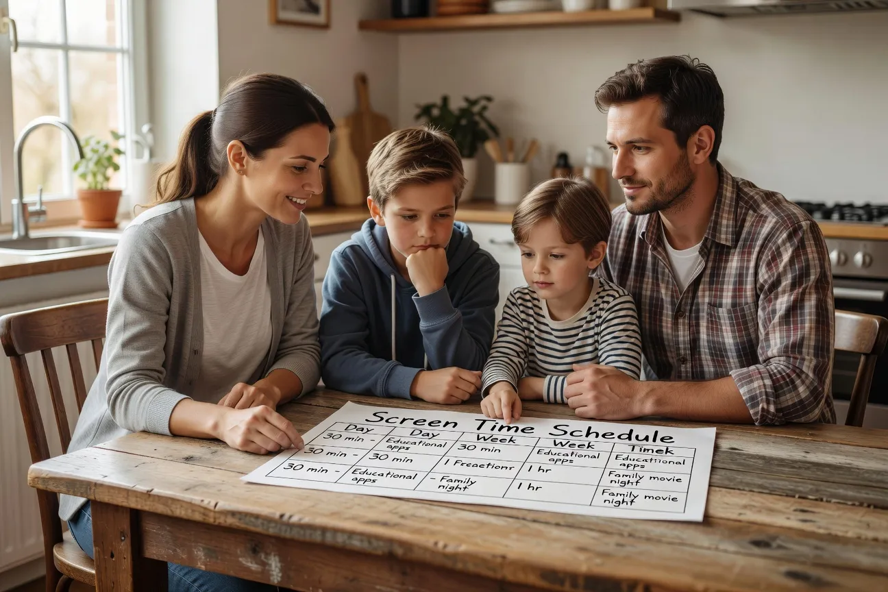 Famille autour d'une table de cuisine discutant calmement des règles d'utilisation des écrans