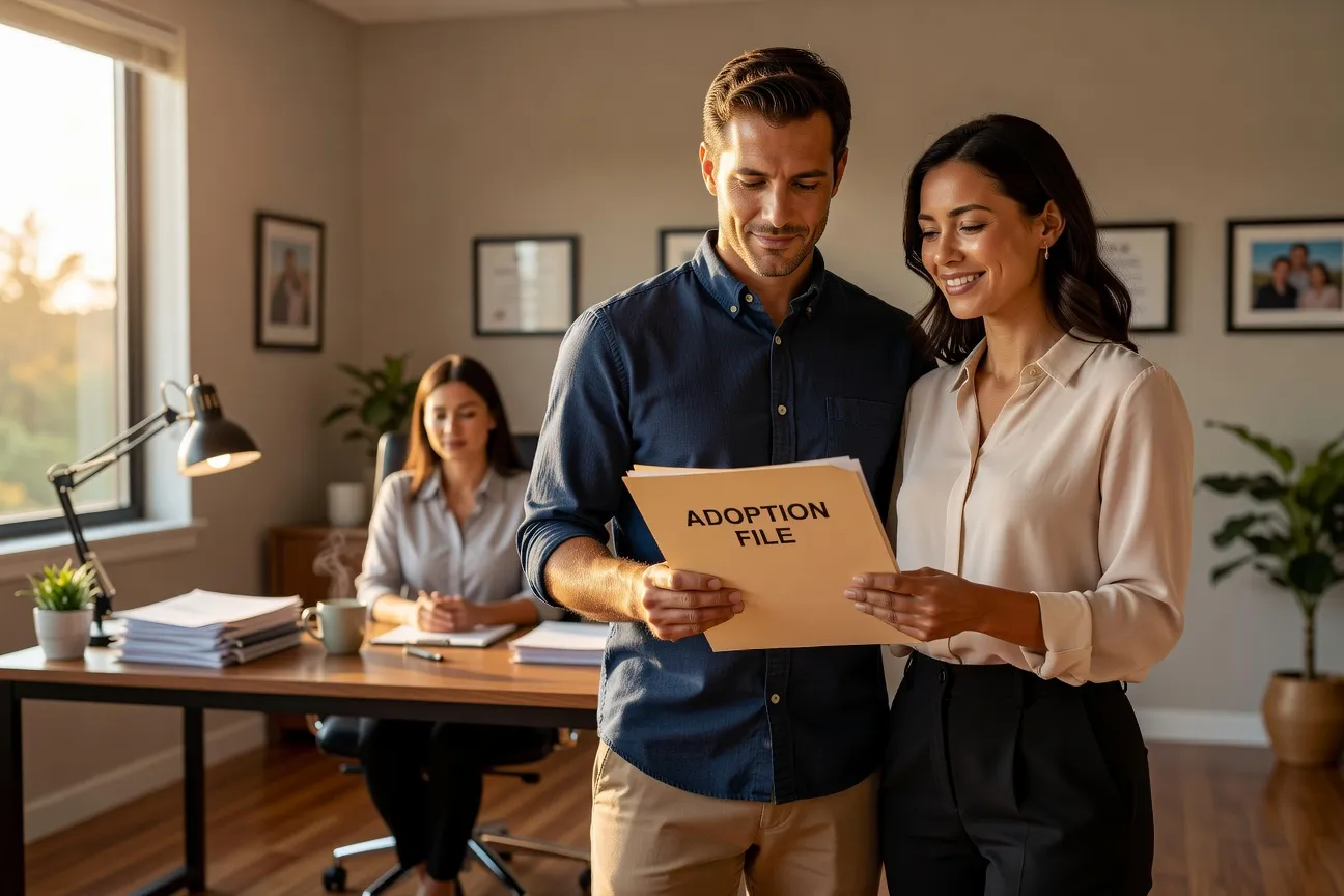 Couple tenant un dossier d'adoption avec espoir, bureau de travailleuse sociale visible en arrière-plan