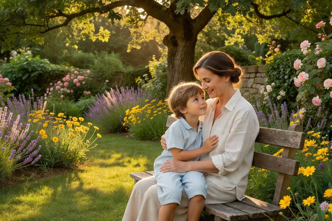 Parent et enfant partageant un moment calme dans un jardin ensoleillé