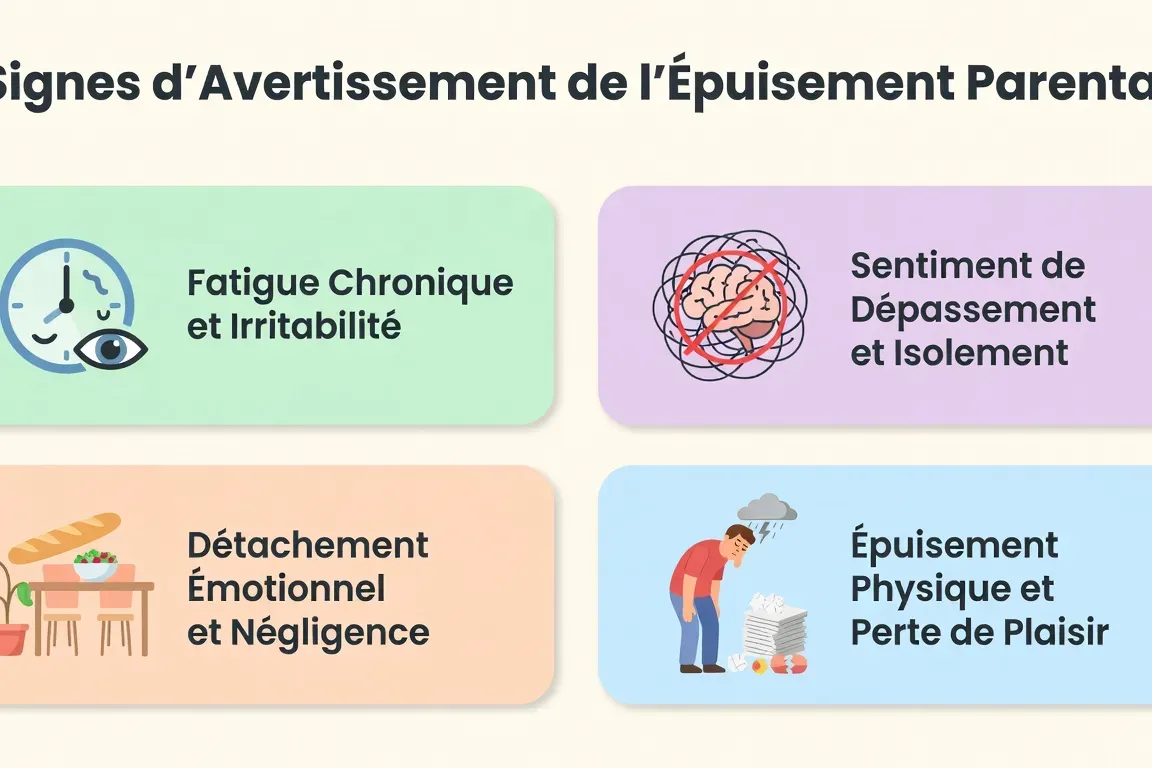 Infographie sur les signes du burn-out parental, couleurs pastel, design épuré