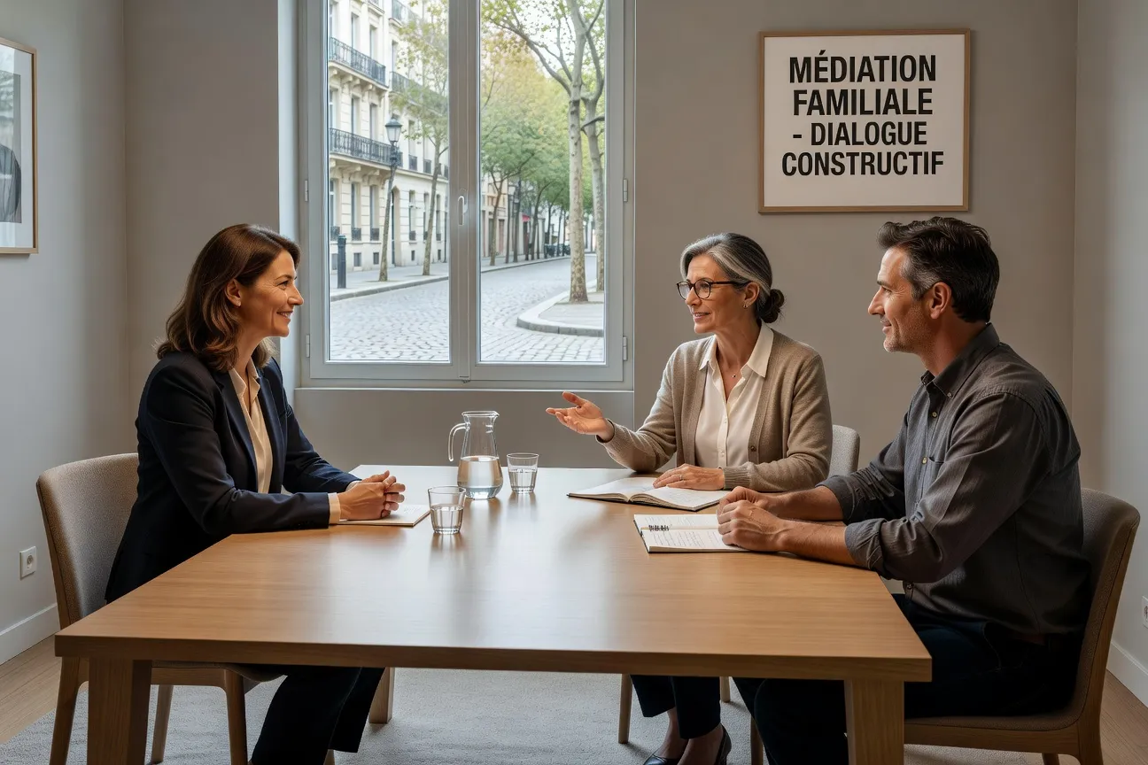 Session de médiation familiale avec deux parents et un médiateur professionnel