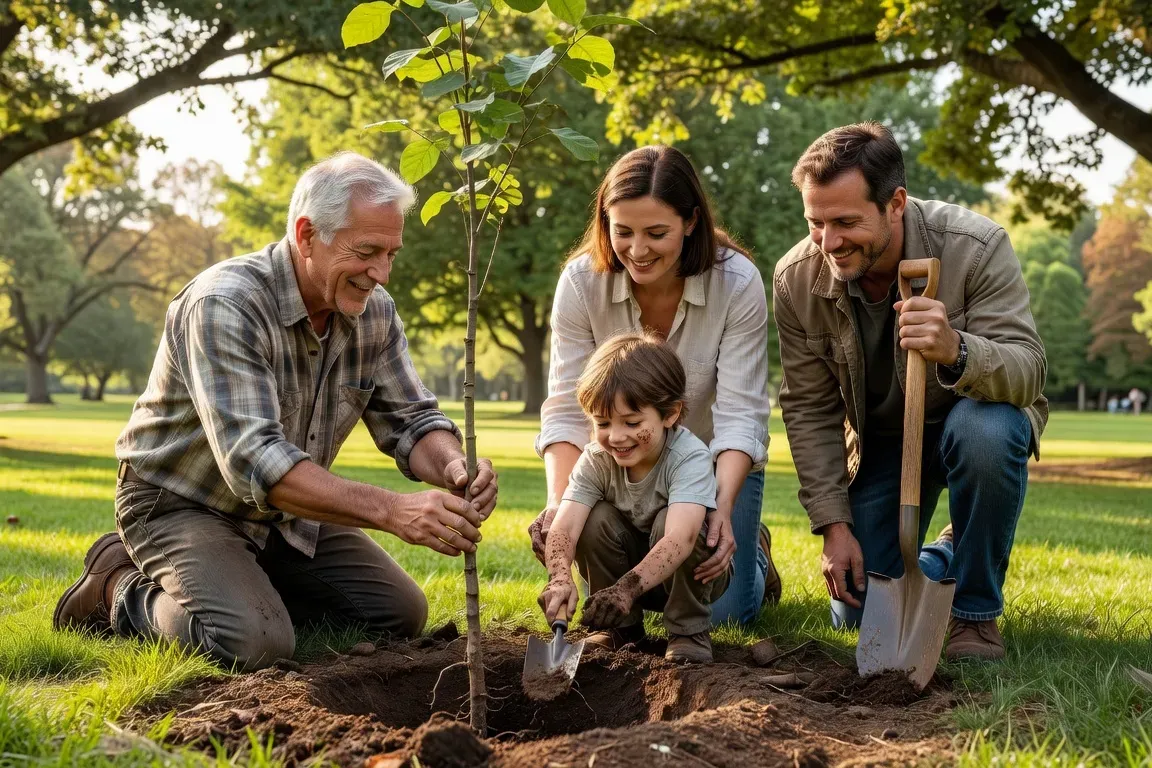 Famille plantant un arbre ensemble dans un parc, grands-parents, parents et enfant, symbole d'espoir