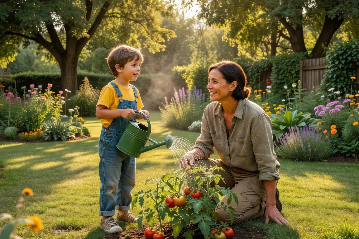 Parent et enfant discutant dans un jardin, l'enfant arrose des plantes, atmosphère chaleureuse