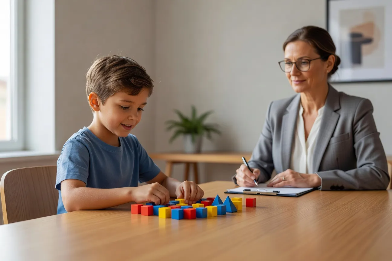 Enfant réalisant un bilan neuropsychologique avec une psychologue utilisant des blocs visuels type Wechsler, dans un cadre calme et professionnel