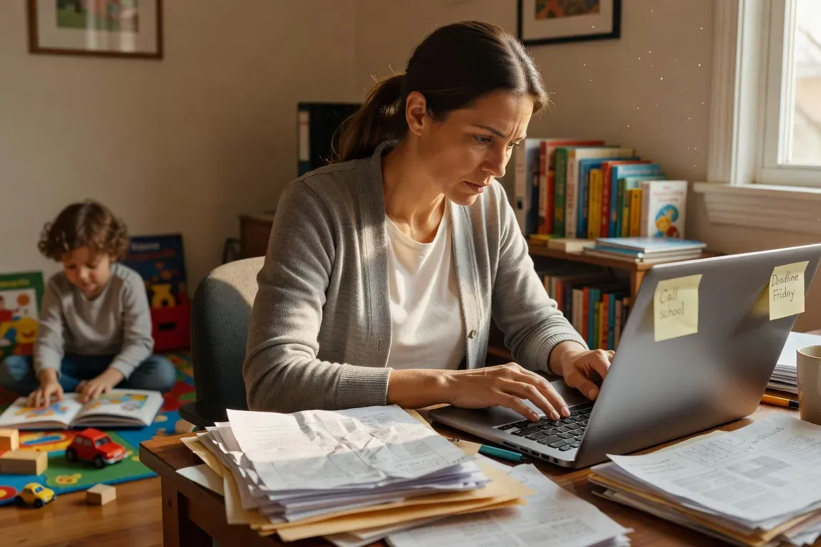 Parent isolé concentré sur ses démarches administratives, enfant jouant en arrière-plan