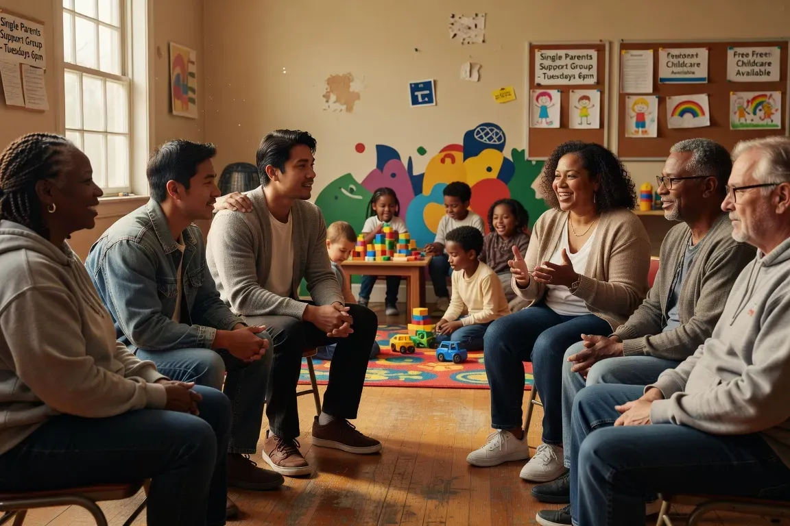Groupe de parents isolés bienveillants réunis dans un centre communautaire