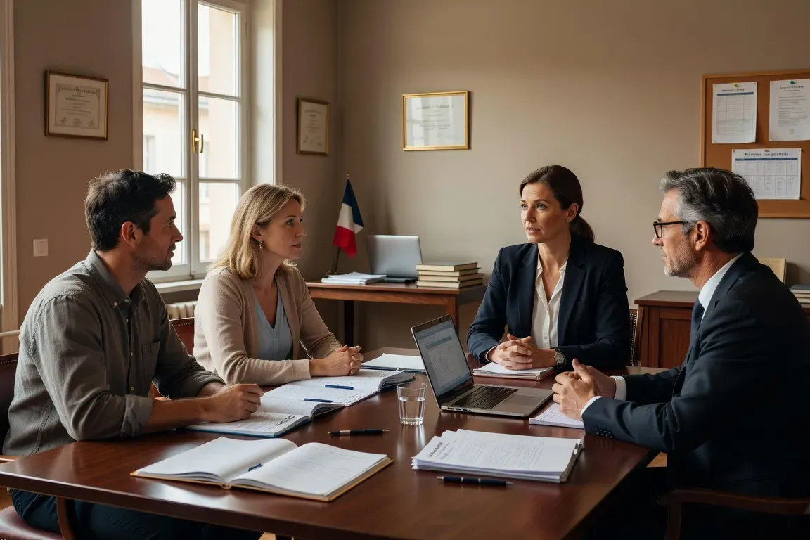 Réunion entre parents et direction de l'école pour traiter une situation de harcèlement