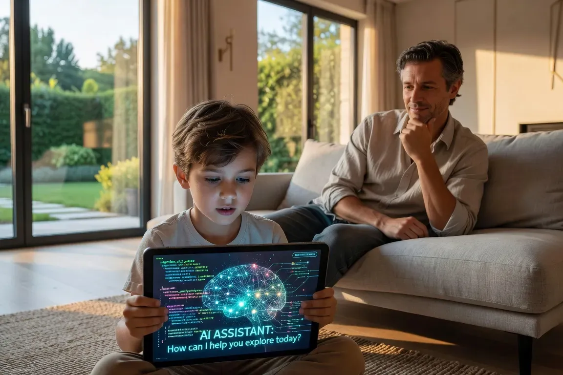 Enfant utilisant une tablette avec une interface IA, expression curieuse, parent observant avec intérêt depuis l'arrière-plan
