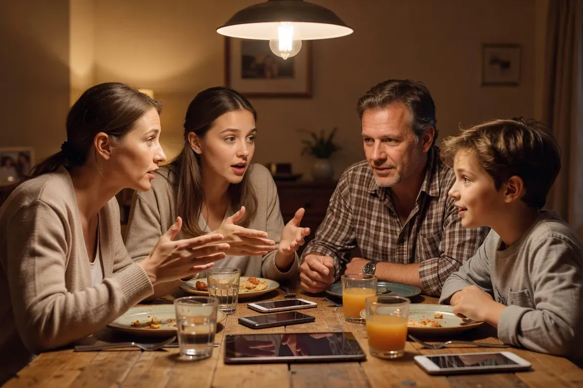 Discussion en famille autour de la technologie et des écrans, dîner avec parents et enfants engagés dans une conversation, lumière chaleureuse
