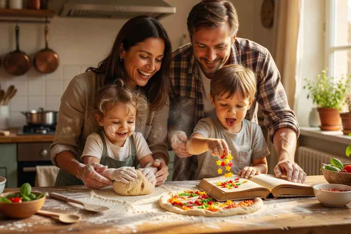 Activité créative en famille, parents et enfants engagés ensemble à la maison, lumière chaude