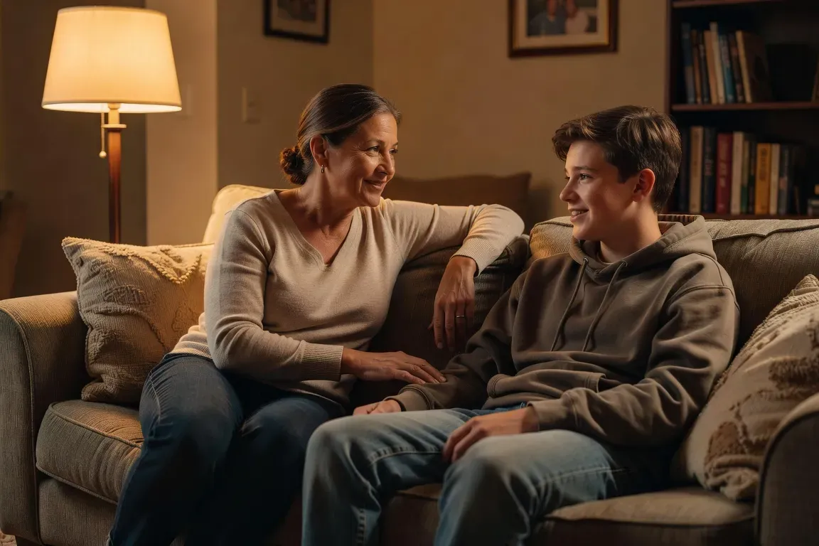 Parent et adolescent en conversation authentique et apaisée sur un canapé