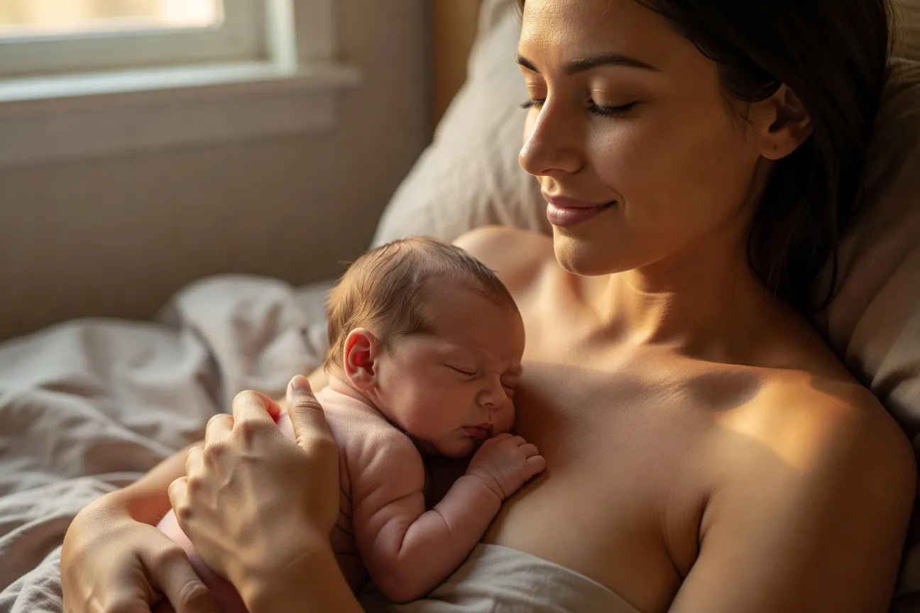 Mère et bébé ensemble, contact peau à peau, lien d'attachement apaisé