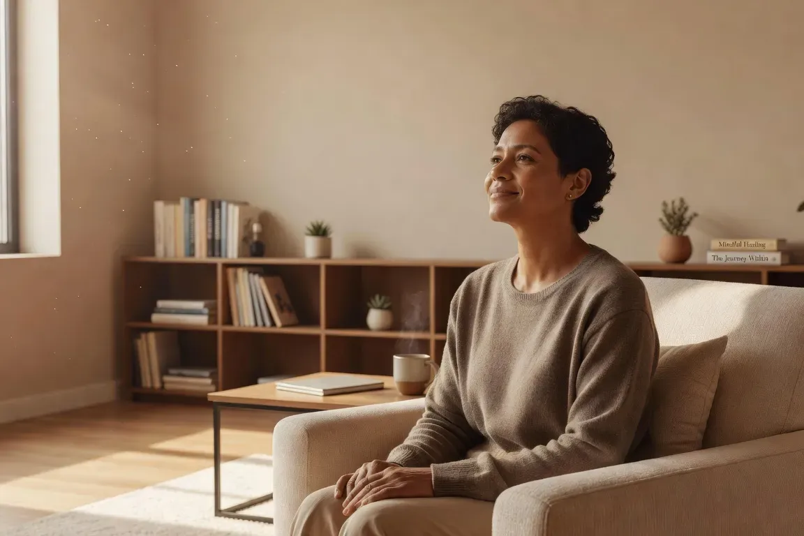 Personne en thérapie, moment de guérison et d'introspection, lumière douce et atmosphère d'espoir