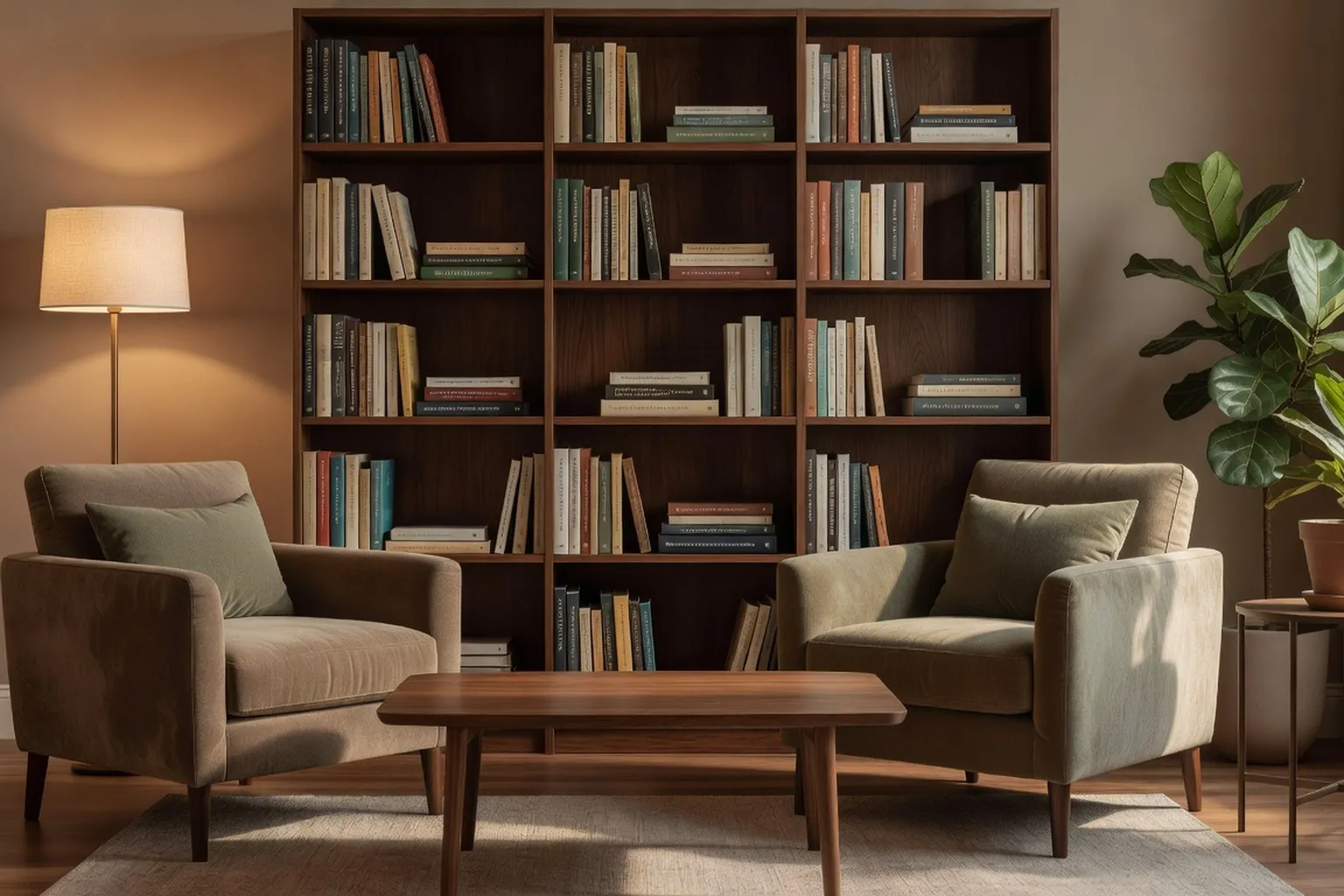 Cabinet de psychologue avec fauteuils, lumière douce, ambiance sereine
