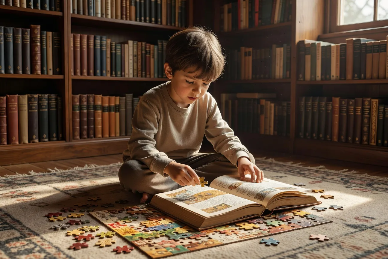 Enfant curieux et concentré résolvant un puzzle complexe — guide EHP et TDAH 2026